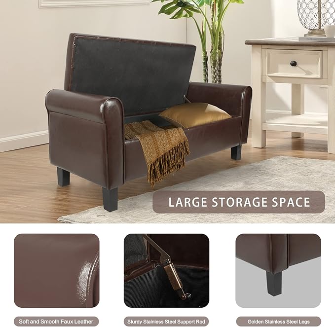Storage Ottoman Bench with Arms, End of Bed Bench for Bedroom, Button Tufted for Entryway, Living Room,Hallway, Foot Rest (Brown)