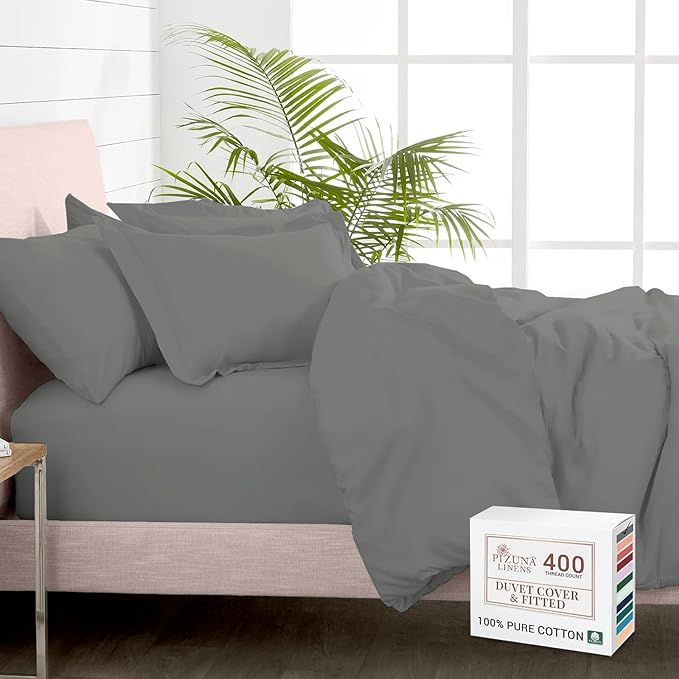 Pizuna 100% Cotton Twin 2 Pc Duvet Cover + 1 Pc Fitted Sheet Set 400 Thread Count Dark Grey Sateen Weave Luxurious Long Staple Cotton 4 Piece Bedding Set -1 Duvet Cover, 1 Pillow Sham, 1 Fitted Sheet