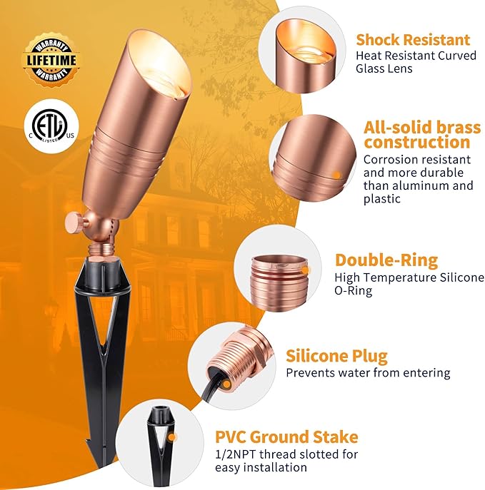 Spot Light Brass - Outdoor Landscape Spotlights LED, 12V Low Voltage Landscaping Uplights, Hard-Wired All Weather Copper for Backyard Lawn with Warm White Changeable Bulbs (8 Pack)