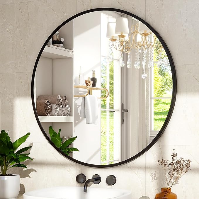 18-Inch Round Wall Mirror with Aluminum Alloy Metal Frame - Ideal for Entryway, Bathroom, Vanity, Living Room - Black Finish Circle Mirror for Stylish Home Decor