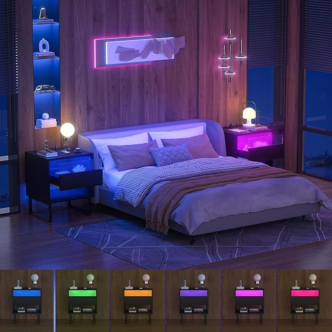 Black Nightstand with LED Lighting & Outlet & Drawer Light Modern Bedside Table with Charging Station, Drawer and Shelf for Bedroom Dorm Room Decor 18.89x15.74x21.25