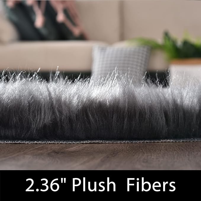 Latepis Dark Grey Runner Rugs 2x6 Faux Sheepskin Fur Rug Bedside Super Soft Fluffy Rugs for Bedroom and Living Room Fuzzy Shaggy Rug Luxury Home Decor