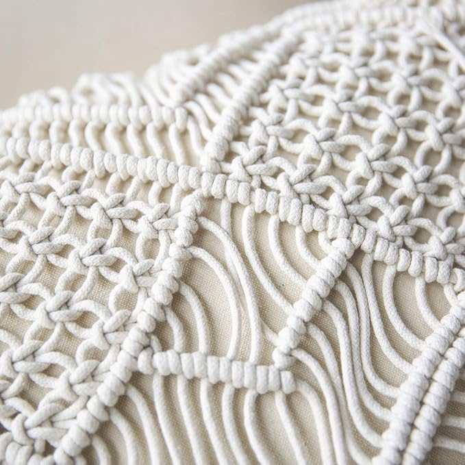 Phantoscope 100% Cotton Handmade Crochet Woven Boho Throw Pillow Farmhouse Pillow Insert Included Decorative Cushion for Couch Sofa Off White 18 x 18 inches