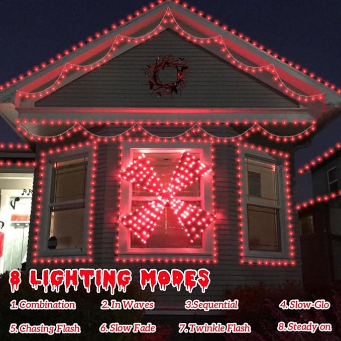 QITONG 165ft 500 LED Red Halloween Lights Outdoor Waterproof, Clear Wire String Lights Plug in, 8 Modes Christmas Light Indoor