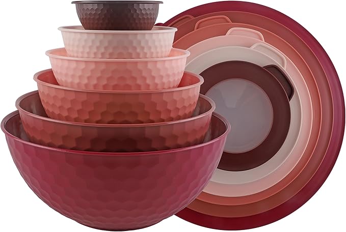 COOK WITH COLOR Mixing Bowls with Lids - 12 Piece Plastic Nesting Bowls Set includes 6 Prep Bowls and 6 Lids, Non Slip Bottom and Embossed Design - Microwave Safe (Rose)