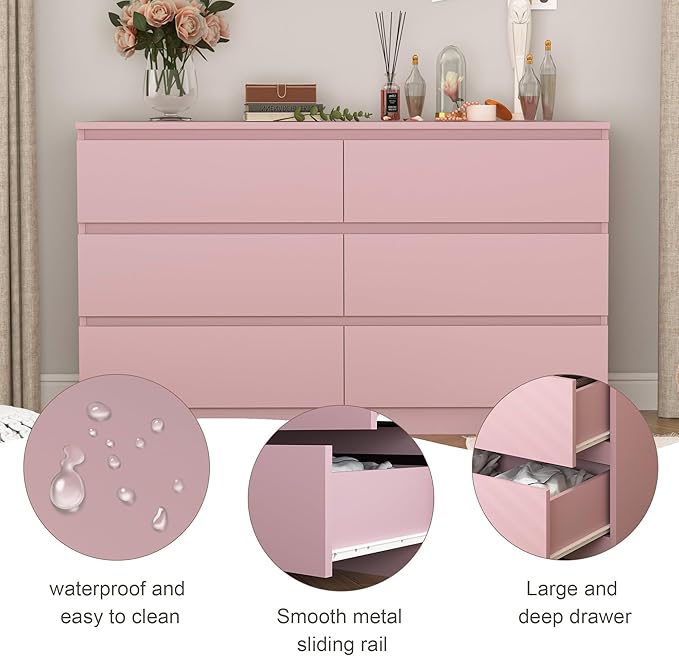 Pink Dresser for Bedroom, Modern 6 Drawer Dresser with Deep Drawer,Wide Storage Chest of Drawers, Bedroom Storage Organizer Furniture,TV Stand for Living Room