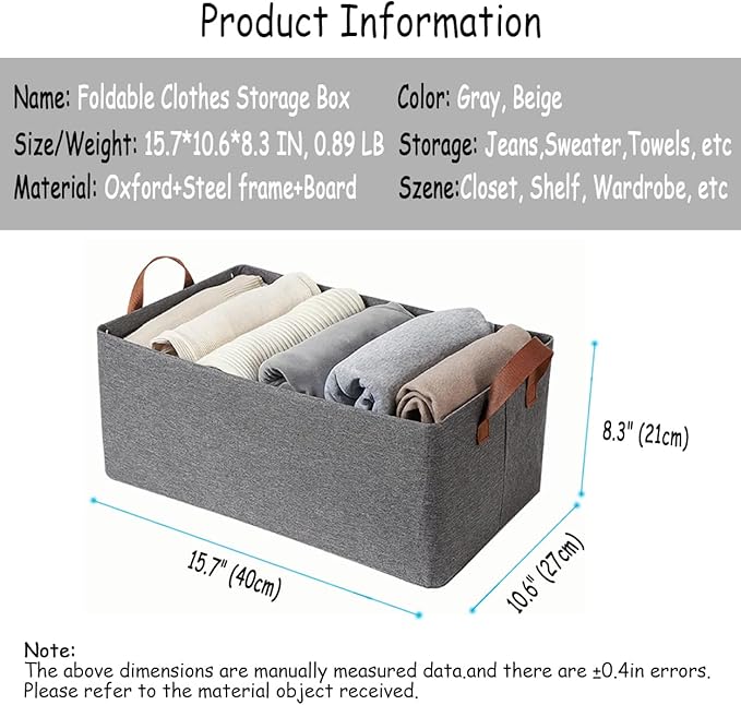 AARAINBOW 4 Pcs Closet Clothes Organizer with Handle, Closet Shelf Fabric Storage Box Steel Frame, Stackable Shelf Storage Baskets Foldable Wardrobe Storage Box for Clothes Toys, 23L (2 Gray 2 Beige)
