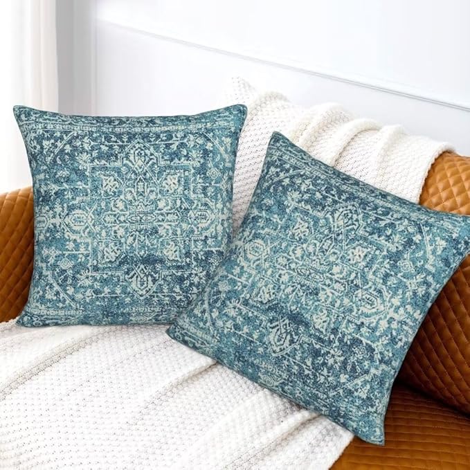Teal Boho Pillow Covers 20x20 Set of 2, Bohemian Carpet Pattern Outdoor Decorative Throw Pillows Linen Ethnic Design Rustic Farmhouse Cushion Cases for Couch Sofa Decor