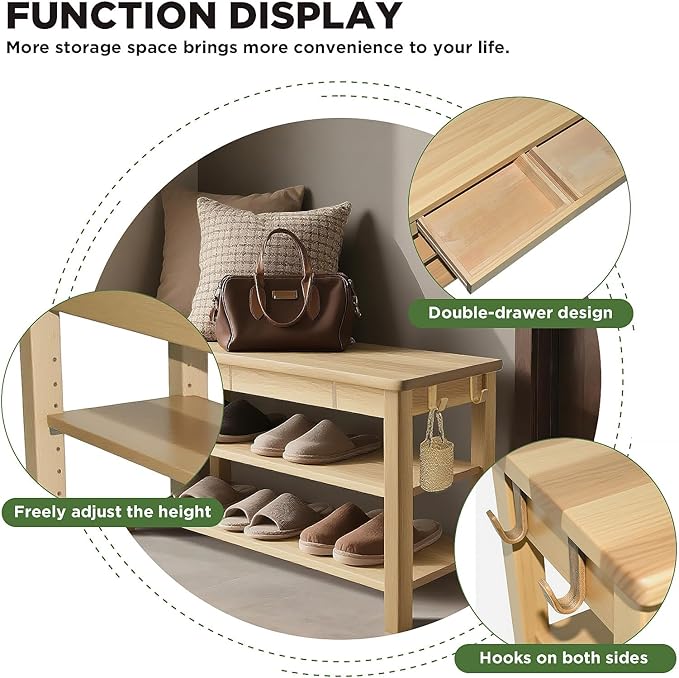 Wood Shoe Bench Entryway with Drawer: 2-Tiers Wooden Storage Shoe Rack with Bench Seat, Compact Mid-Century Modern Design for Entryway, Hallway,Closet,Front Door Entrance,Foyer Natural 39.3"
