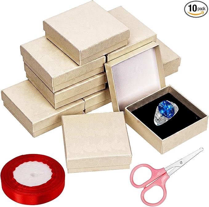 Glarks 12Pcs 3.5x3.5x1 Inch Beige Cardboard Paper Jewelry Gift Boxes with Scissors and Ribbon Set, Bracelets Bangle Necklace Earring Gift Case for Birthday Wedding Jewelry Storage Packaging Display