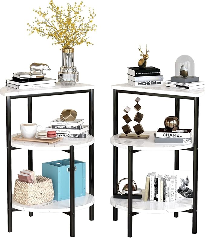AWQM Marble End Table, 3-Tier Sofa Side Table, Small Round Bedside Table, Corner Table w/Metal Frame for Living Room Bedroom, White+Black