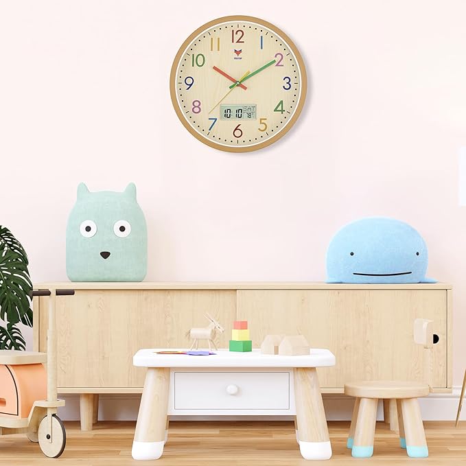 Foxtop Digital and Analog Kids Wall Clock 12 Inch Silent Non-Ticking Battery Operated Kids Clock for Kids Room Playroom Nursery Classroom School