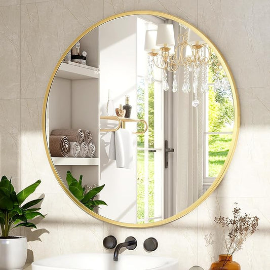 18 Inch Round Gold Metal Wall Mirror - Stylish Circle Mirror for Entryway, Bathroom, and Living Room Decor | Matte Gold Circle Wall Mirror