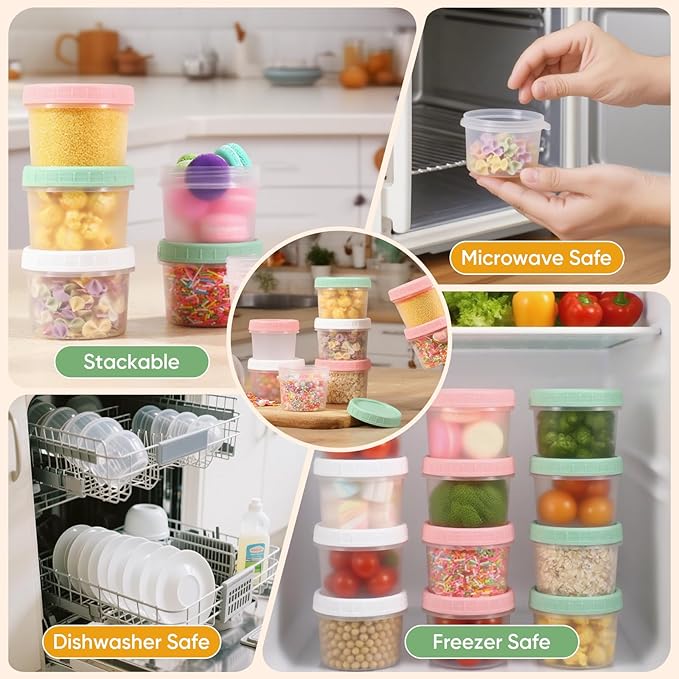 ASEVAT 5oz 6Pack Small Food Containers with Lids Salad Dressing Container Reuseable Snack Container Plastic Jar Freezer Storage Jars, Leakproof/Microwave/Dishwasher Safe