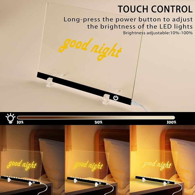 Acrylic Dry Erase Board with Light 11.8"x8.5" Light up Dry Erase Board Brightness Adjustable as Glow Memo LED Letter Message Note Board with Stand Led White Board with 12 Pen for School Home (Black)