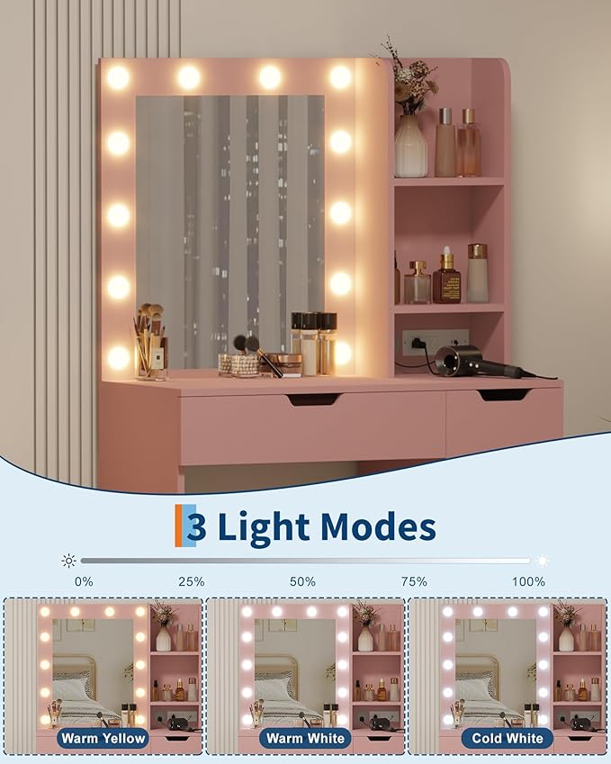 Garvee Vanity Desk with Mirror and Lights - Makeup Vanity Desk with 4 Drawers, Built-in Power Outlet & USB, Adjustable LED Lighting, Makeup Table for Bedroom (Pink)