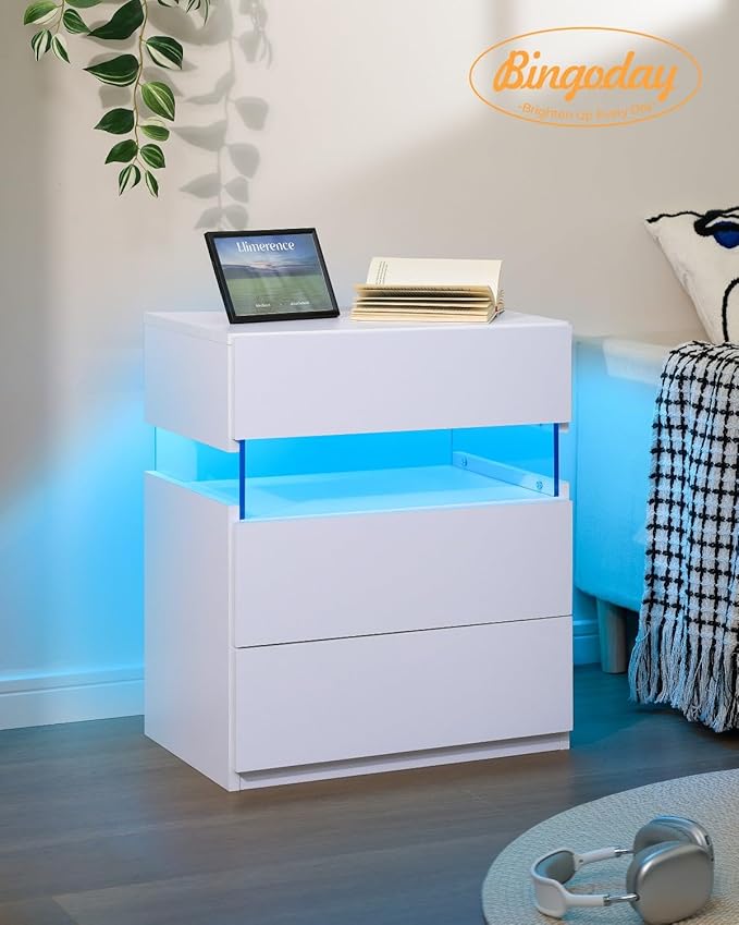 Bingoday LED Nightstand 2 Nightstands Bedroom set of 2 Bedroom Night Stands with Drawers Modern Bedside Table with 3 Drawers