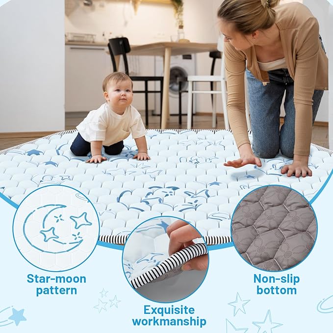 Hexagon Baby Play Mat 59x48 inches: Thick & Soft 6 Panel Playpen Mattress for Babies Toddlers Infant - Non-Slip Silicon Dot Crawling Mats - Foldable & Machine Washable Large Floor Playmats