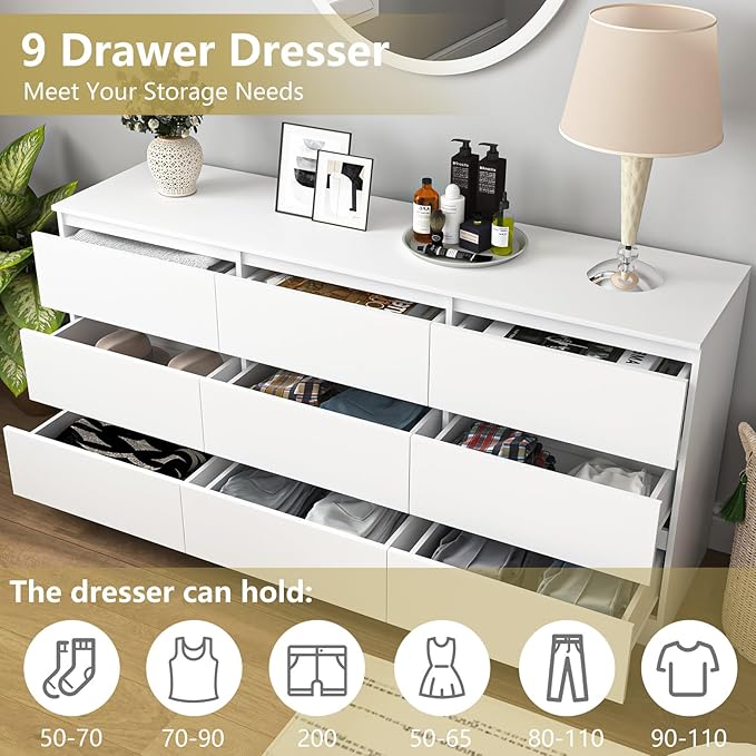 White Dresser for Bedroom, Long 9 Drawer Dresser with Deep Drawer,Modern Wide Wood Storage Chest of Drawer, Bedroom Storage Furniture,TV Stand for Living Room