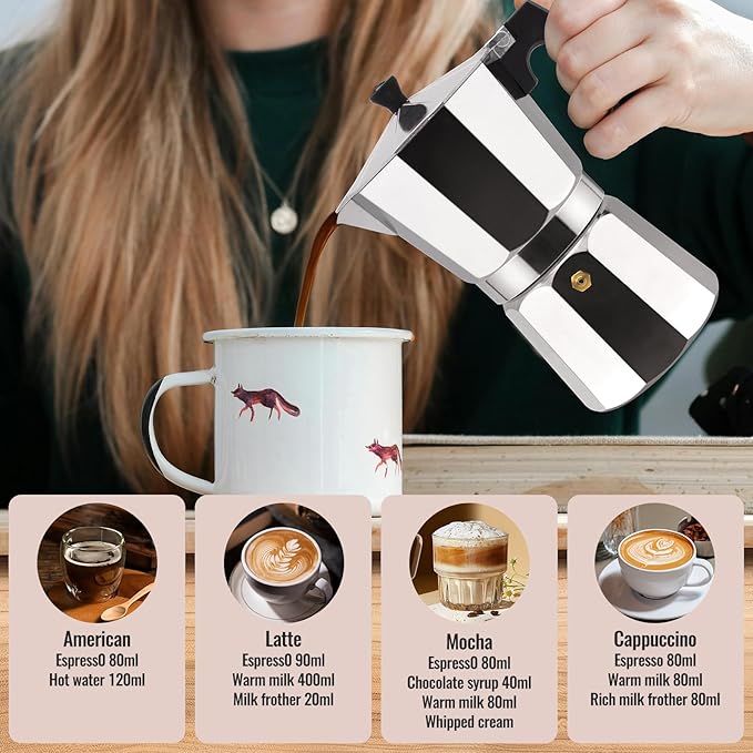 3 Cup Aluminum Moka Pot Classic Stovetop Espresso Coffee Maker 150ml 5oz Coffeemaker Percolator Mocha Pot Greca Coffee Maker Cafe Makers for Italian and Cuban Café Brewing Silver