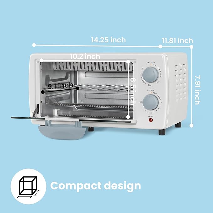 COMFEE' Countertop Oven, Small Toaster Oven Combo 4 slice, Mini Oven for 9" Pizza, Compact Oven, Bake, Broil, 950W, White, CTO-E101A(WH)