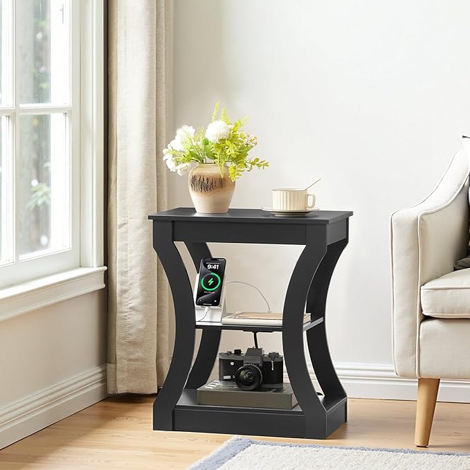 End Table with Charging Station, Set of 2, Side Table with USB Ports and Outlets, 3 Tier Nightstand with Storage Shelf for Small Spaces, Living Room, Bedroom, Black ETBK53E01S2