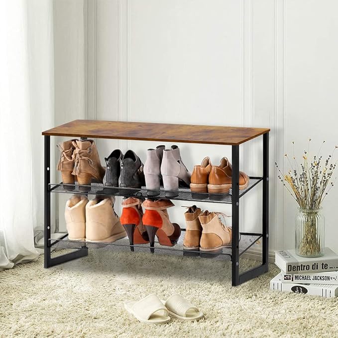 Garden 4 you 3-Tier Tilting Adjustable Freestanding Shoe Rack 6-Pairs 25.2 in Length for Durability and Stability for Entryways, Hallways, Closets, Dormitory Rooms, and Industries，Brown