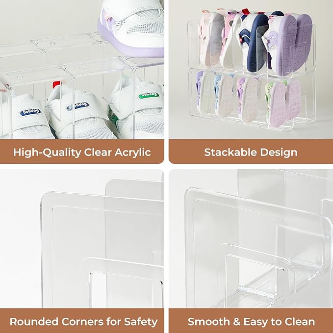 Clear Acrylic Kids Shoe Rack for Closet Organizers and Storaget, Baby Shoe Storage Small Shoe Rack 4 Sections Kids Shoe Organizer Stackable,Desk File Sorter Book Purse Organizer 2PC