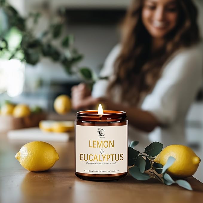 Soy Jar Candle,Premium Natural Soy Wax Blend with Lemon & Eucalyptus,Long-Lasting Aromatherapy Scented Candle for Bedroom & Living Room,7oz Reusable Container with Lid, Birthday Gift for Her Women