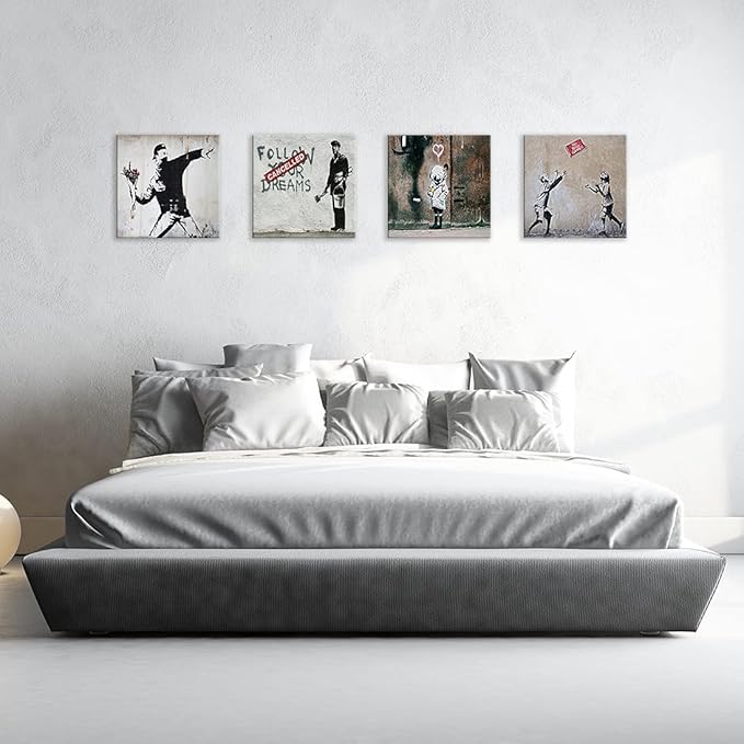 Cortolar Banksy Canvas Wall Art Graffiti Print Painting Abstract Pictures for Living Room Bedroom Bathroom Wall Decor (16"x16"x4-B)