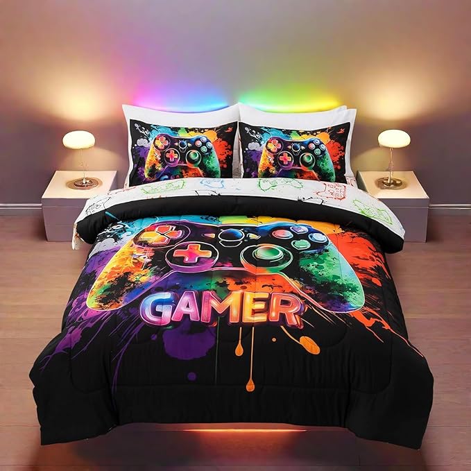 NTBED Game Console Comforter Set for Boys Girls Kids Tie Dye GamingLightweight Microfiber Gamer Bedding Sets (Multi, Full 5Pcs)