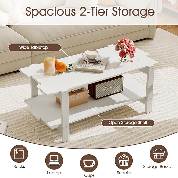 GOFLAME Wood Coffee Table with Storage, 2-Tier Irregular Center Table with Open Storage Shelf, Modern Accent Tea Table for Living Room, Home Office, Reception Room (White)