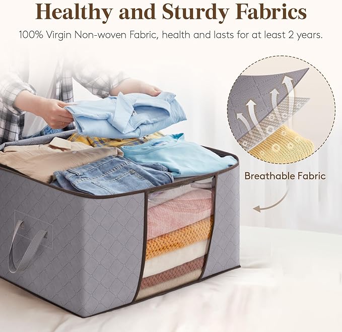 Lifewit 6 Pack Clothes Storage, Foldable Storage and Organization, Storage Bins with Lids, Blanket Storage with Clear Window, Closet Storage with Reinforced Handles for Clothing, Bedding, Light Gray