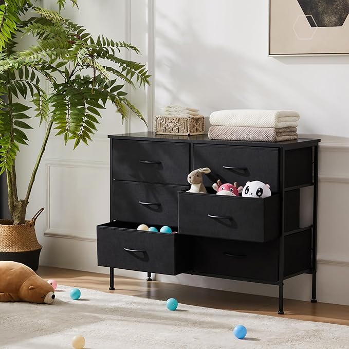 Sweetcrispy Dresser for Bedroom, TV Stand, 6-Drawer Fabric Storage Cabinet with Open Shelves, Console Table, Entertainment Center and Closet Organizers for Living Room Furniture, Black