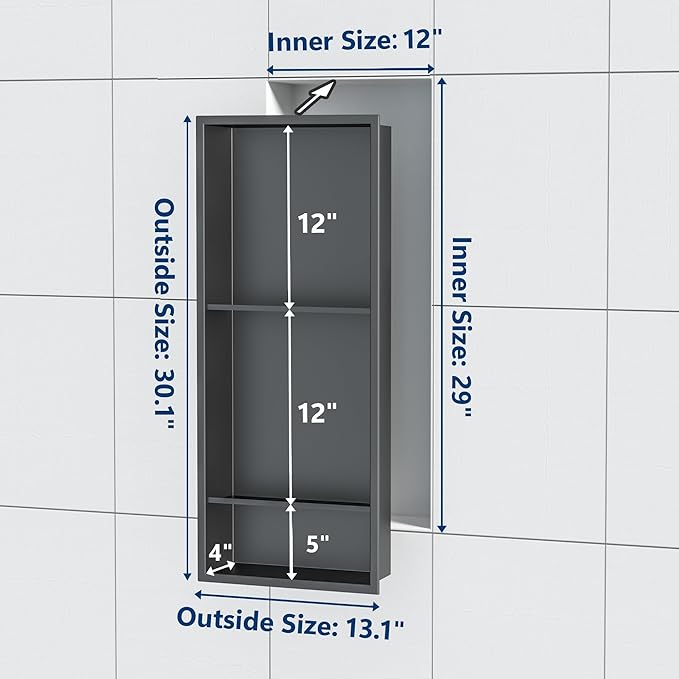 Stainless Steel Shower Niche 12" X 29", No Tile Needed Wall Niche Three-Tier, Recessed Shower Shelf for Bathroom Storage, Gun Metal