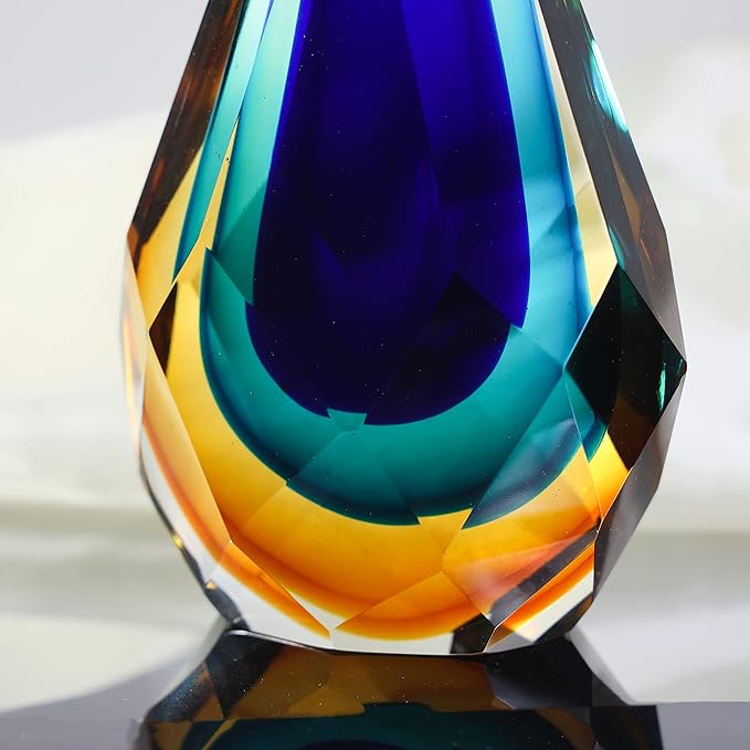 Yao Yuan Hand-Blown Glass Sculpture Glass Decor Murano-Style Glass Statue and Figurine Wonderful Gift, Blue and Green Color