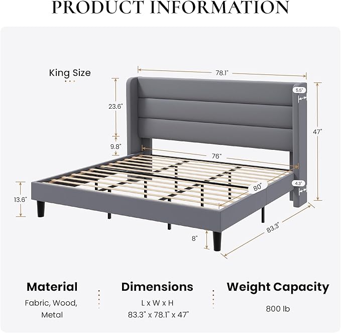 SHA CERLIN King Size Velvet Bed Frame/Vertical Channel Tufted Wingback Headboard/Upholstered Platform Bed with Wooden Slats/Mattress Foundation/No Box Spring Needed/Easy Assembly/Grey
