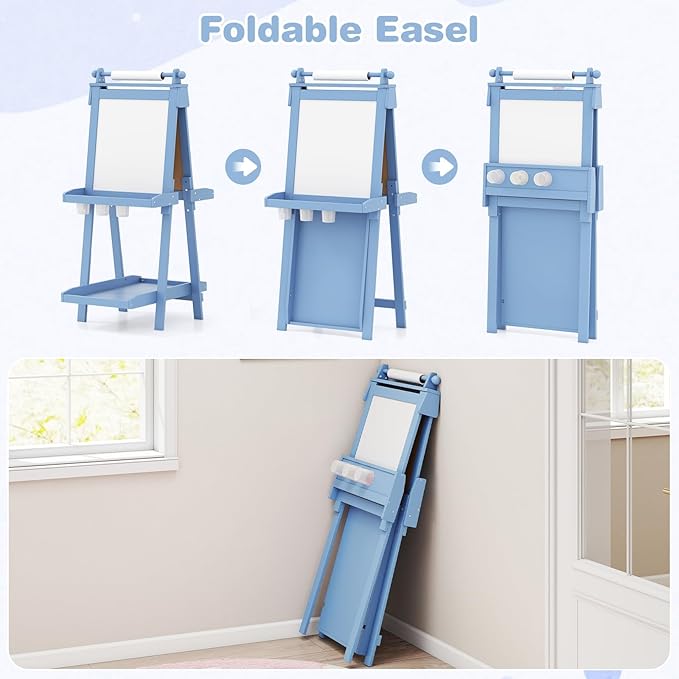 OLAKIDS Easel for Kids, 3 in 1 Adjustable Painting Art Board, Foldable Double-Sided Wooden Drawing Chalkboard Magnetic Whiteboard with Paper Roll, Storage Rack, Cups for Boy Girls (Blue)