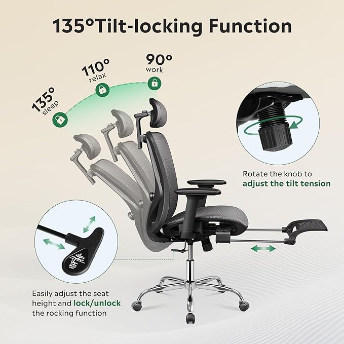 DEVAISE Ergonomic Mesh Office Desk Chair, Retractable Footrest and Adjustable Lumbar Support, Comfy High Back Reclining Computer Gaming Chair, Tilt Function, Heavy Duty, SGS Class 4 Gas Lift, Grey
