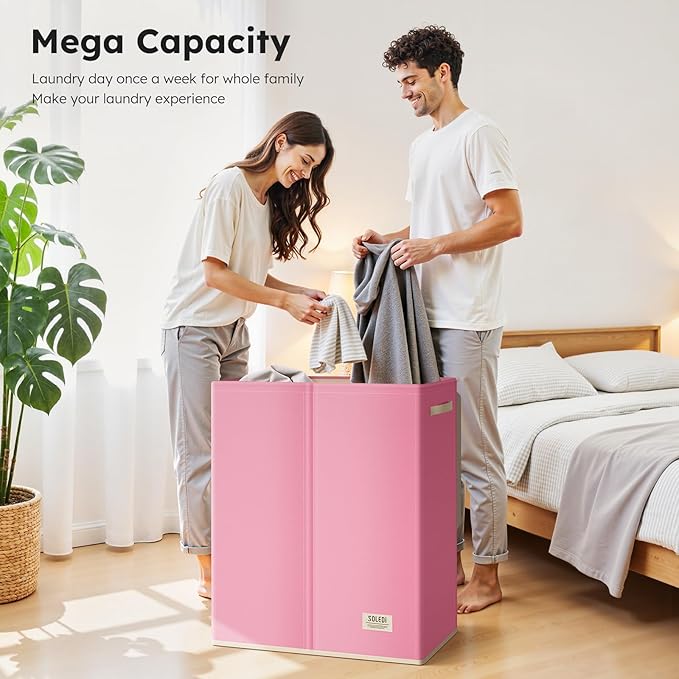 SOLEDI Large Double Laundry Hamper with Lid, Collapsible Clothes Hamper 2 section with Removable Bags, Space-Saving Laundry Basket for Bedroom, Dorm, College
