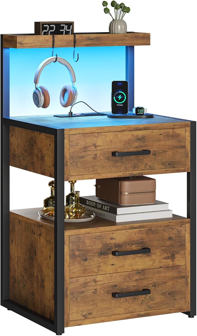 VIAGDO Nightstands Set of 2 with LED Lights, 3 Drawers Night Stands with Charging Station, Rustic Brown Bedside Tables with Storage Shelves, Modern End Side Tables for Bedroom, Office