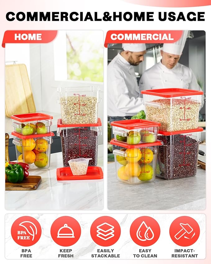 2QT NSF Food Storage Containers: 6 PCS [Food Grade][Hot&Cold Resistant] Commercial Clear Square Food Storage Containers with Scales Handles for Home Restaurant Kitchen Proof Dough(BPA FREE)