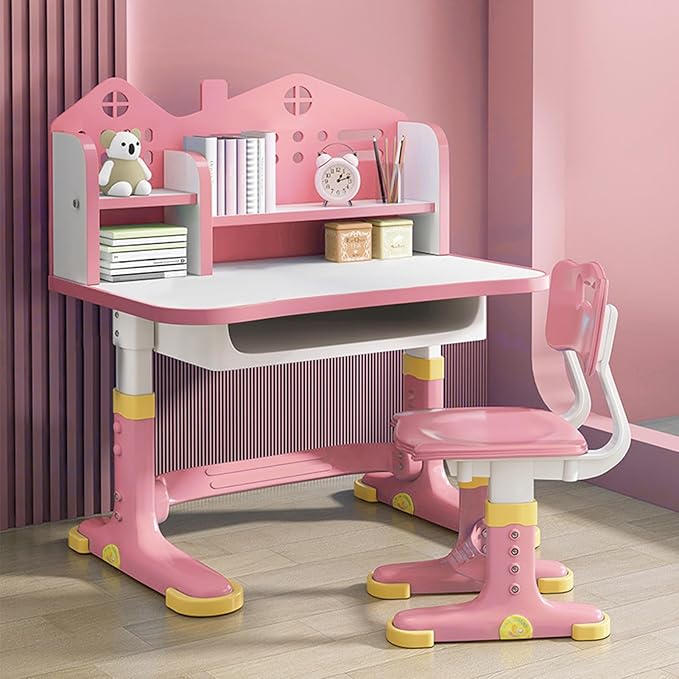 Kids Desk and Chair Set, Height Adjustable Kids Study Table and Chair Set, Children School Desk with Storage Drawer and Book Stand, Ergonomic Child Toddler Deskwith Sitting Posture Corrector (Pink 1)