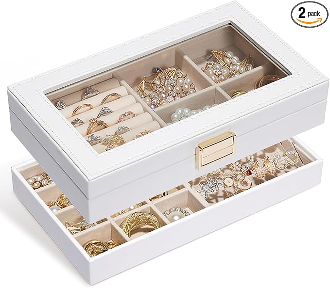 Homde Jewelry Tray Stackable Jewelry Box with Glass Lid, Removable Dividers for Vanity Table Gift Idea for Girls and Women (White)