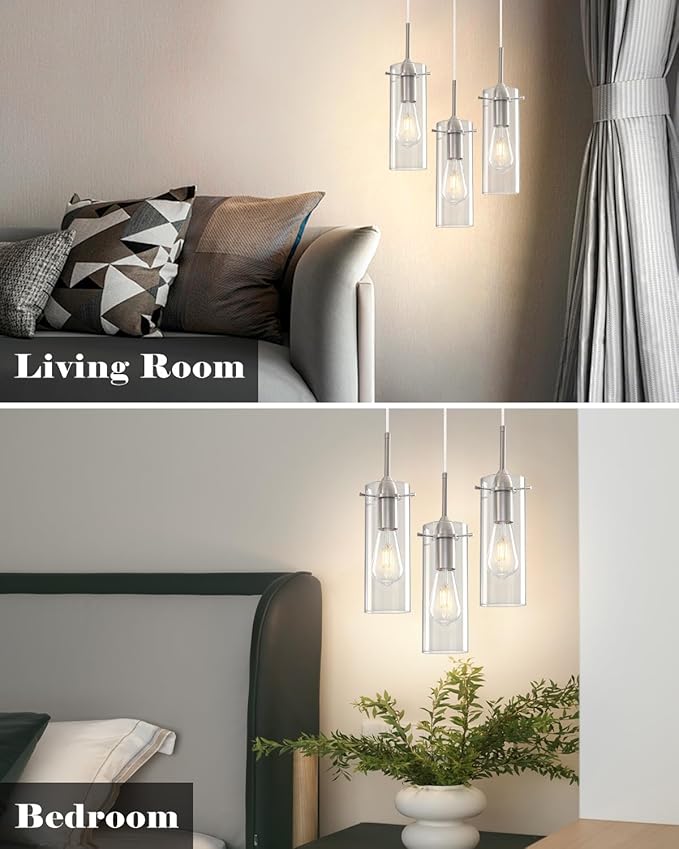 Brushed Nickel Pendant Lights Kitchen Island 1 Pack, Glass Pendant Light, Modern Clear Glass Pendant Light Fixture, Hanging Pendant Lights for Kitchen Island Dining Room Bar
