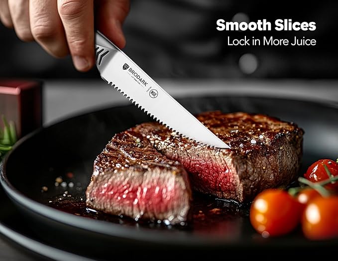 BRODARK Steak Knives Set of 8: 4.5 Inch Serrated Steak Knives - High Carbon Stainless Steel Kitchen Steak Knife Set - Never Need Sharpening - NSF Certified, Shark Series