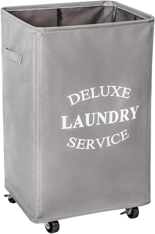 WOWLIVE Large Rolling Laundry Basket Wheels 90L Collapsible Tall Laundry Hamper Handle Foldable Dirty Clothing Basket Fold up Rectangular Hampers for Laundry Dorm Room (Grey)