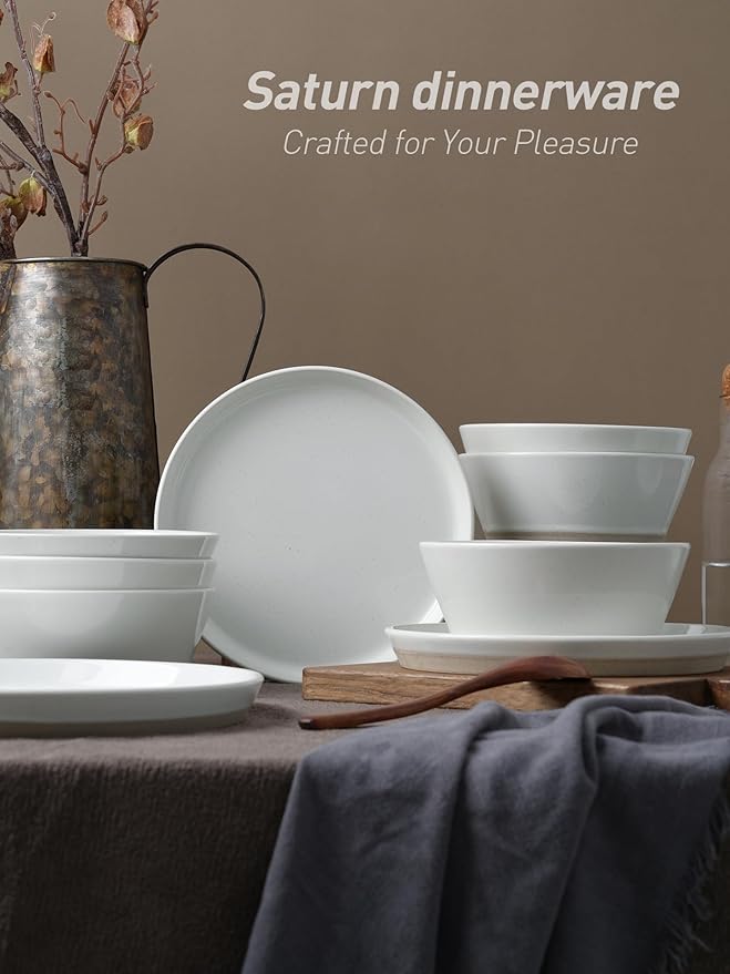 Famiware Saturn Speckled Dinnerware Sets for 8 (24 Pieces), Stoneware Plates and Bowls Dish Set - Chip and Scratch Resistant, Microwave and Dishwasher Safe, White