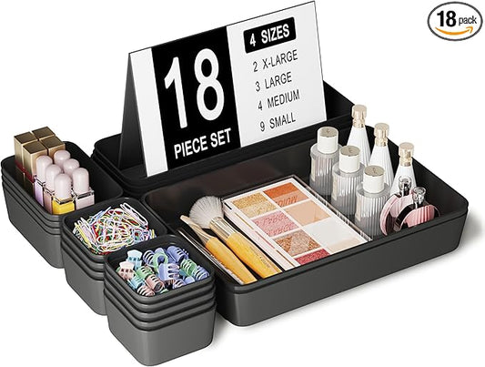 Plastic Drawer Organizers, 18 PCS Drawer Organizer Bins, Bathroom and Vanity Organizer Plastic Tray, Makeup organizer and storage for Makeup, Bedroom, Kitchen Gadgets Utensils and Office (Black)