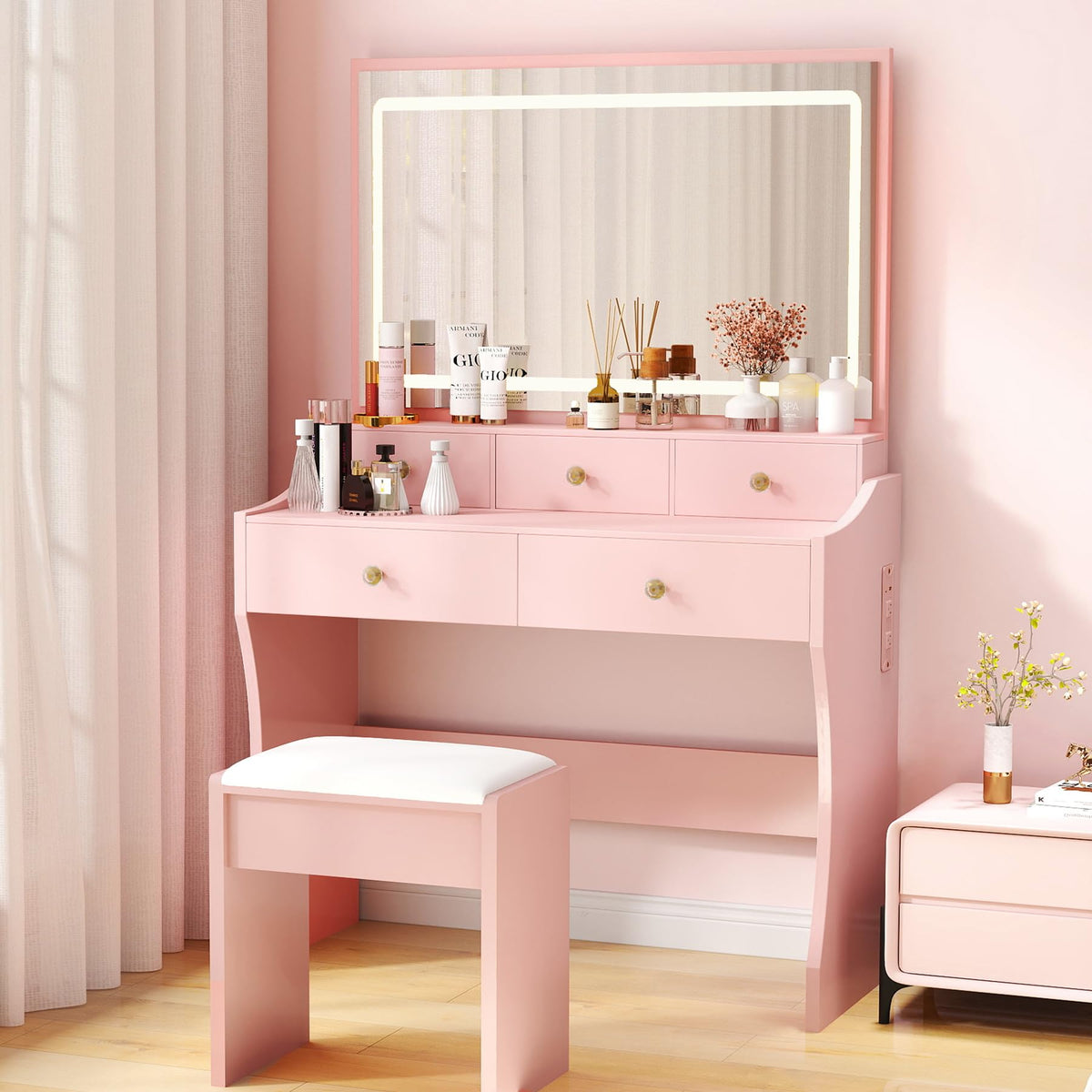 COMHOMA Vanity Desk with LED Lights Mirror & Power Outlet, Small Makeup Vanity Table Set with 5 Storage Drawers, 3 Lighting Modes & Adjustable Brightness, Dressing Table for Women Girls Bedroom, Pink